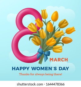 Cute Happy Womens Day background with figure eight and bouquet of tulips. Vector illustration.