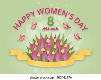 Cute Happy Womens Day background in paper art style. Vector illustration.