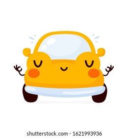 Cute happy yellow automobile car meditate. Vector flat cartoon character illustration icon design.Isolated on white background. Automobile car character concept