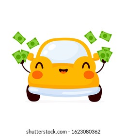 Cute happy yellow automobile car throw money. Vector flat cartoon character illustration icon design.Isolated on white background. Automobile car character concept