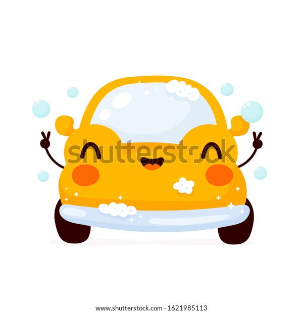 Cute happy yellow automobile car.\
Vector flat cartoon character illustration icon design.Isolated on\
white background. Automobile car character\
concept