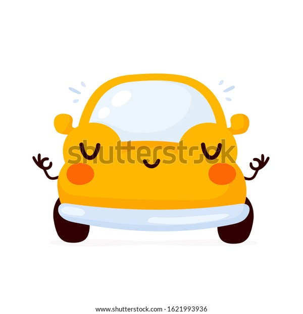 Cute happy yellow automobile car\
meditate. Vector flat cartoon character illustration icon\
design.Isolated on white background. Automobile car character\
concept