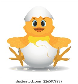 Cute, happy, yellow chicken in an eggshell. Vector illustration in cartoon style.