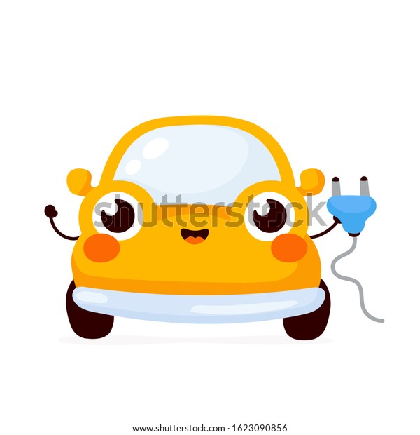 Cute happy yellow electric car.\
Vector flat cartoon character illustration icon design.Isolated on\
white background. Automobile car character\
concept