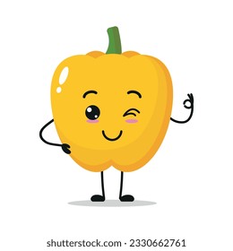Cute happy yellow paprika character. Funny smiling and blink paprika cartoon emoticon in flat style. vegetable emoji vector illustration