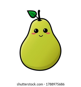 Cute happy yellow pear character with green leaf. Funny cartoon smiling pear emoticon in flat style. Fruit emoji vector illustration. White background. 
