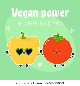 Cute happy yellow pepper and tomato card. Vector hand drawn doodle style cartoon character illustration icon design. Happy cute yellow pepper and tomato friends concept card