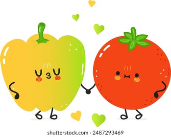 Cute happy yellow pepper and tomato card. Vector hand drawn doodle style cartoon character illustration icon design