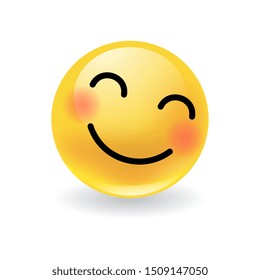 Cute happy yellow round emoticon with a beaming smile blushing in embarrassment with red cheeks over white with a drop shadow, vector illustration