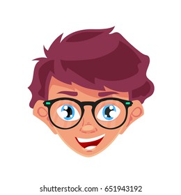Cute and happy young boy with fashion eyeglasses, vector illustration isolated on white background