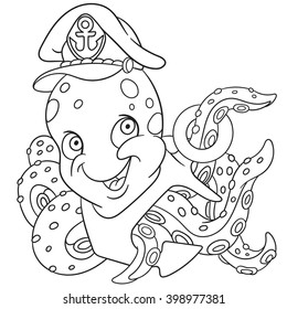 cute and happy young cartoon poulpe or octopus in a captain's hat with an anchor, isolated on a white background