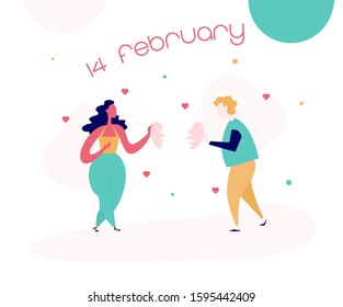 Cute Happy Young Couple Flat Illustration For Valentine's Day . February 14 