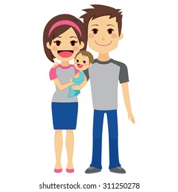 Cute Happy Young Couple Holding Baby Boy Standing On White Background