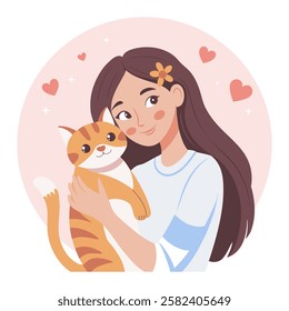 Cute happy young girl hugging cat. Pet owner. Cat lover. Flat style illustration.