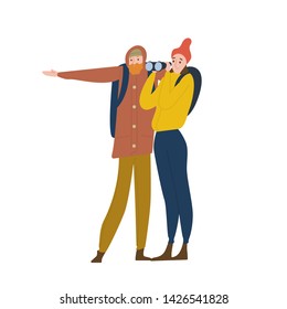 Cute happy young man and woman standing and looking through binoculars. Boyfriend and girlfriend travel together in wild nature. Romantic couple on hiking trip. Flat cartoon vector illustration.