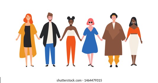 Cute happy young men and women holding hands. Funny smiling people standing in row together. Group of cheerful friends. Union, community, association. Flat cartoon colorful vector illustration.