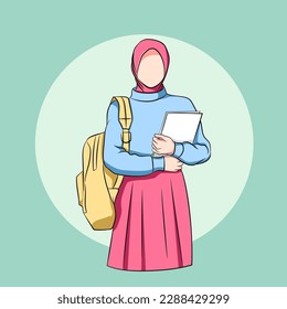 cute and happy young muslimah wearing yellow backpack and hugging document folder