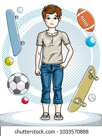 Cute happy young teen boy posing wearing fashionable casual clothes. Vector character. Fashion theme clipart.
