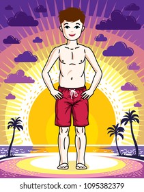 Cute happy young teen boy posing in red stylish beach shorts. Vector character. Fashion theme clipart.