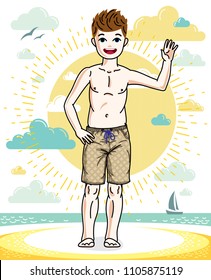 Cute happy young teen boy posing in colorful stylish beach shorts. Vector beautiful human illustration. Childhood lifestyle cartoon.