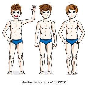 Cute happy young teen boys posing in blue underwear. Vector diversity kids illustrations set. Childhood and family lifestyle cartoons.