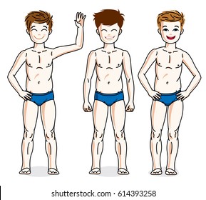 Cute happy young teen boys posing in blue underwear. Vector diversity kids illustrations set.