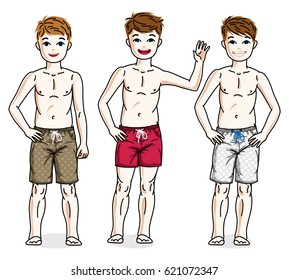 Cute happy young teen boys posing  wearing fashionable beach shorts. Vector diversity kids illustrations set.