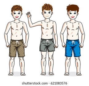 Cute happy young teen boys posing  wearing fashionable beach shorts. Vector diversity kids illustrations set.