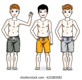 Cute happy young teen boys posing  wearing fashionable beach shorts. Vector diversity kids illustrations set.