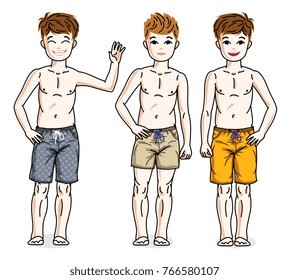 Cute happy young teen boys posing  wearing fashionable beach shorts. Vector diversity kids illustrations set. Childhood and family lifestyle cartoons.