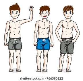 Cute happy young teen boys posing  wearing fashionable beach shorts. Vector diversity kids illustrations set.