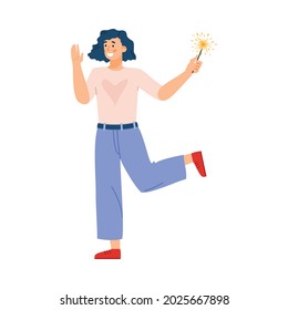 Cute happy young woman holding festive sparkler in hand. Girl having fun at new year celebration, holiday party or event. Flat cartoon vector illustration isolated on white.