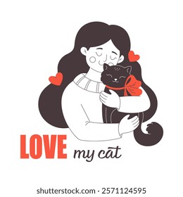 Cute happy young woman hugging a cat. Cat lover. Pet owner. Vector doodle illustration, hand drawn design