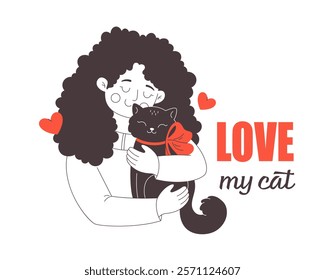 Cute happy young woman hugging a cat. Cat lover. Pet owner. Vector doodle illustration, hand drawn design