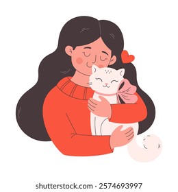 Cute happy young woman hugging a cat. Cat lover. Pet owner. Vector illustration in flat style