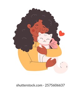 Cute happy young woman hugging a cat. Cat lover. Pet owner. Vector illustration in flat style