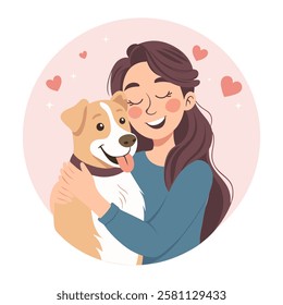 Cute happy young woman hugging dog. Dog lover. Pet owner. Flat style illustration.