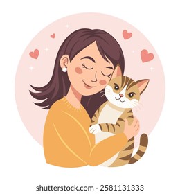 Cute happy young woman hugging cat. Cat lover. Pet owner. Flat style illustration.