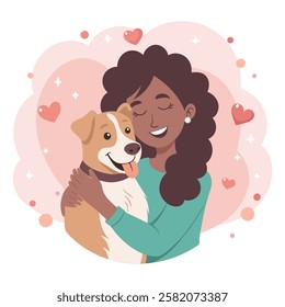 Cute happy young woman hugging dog. Pet owner. Dog lover. Flat style illustration.