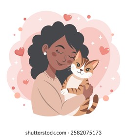 Cute happy young woman hugging cat. Pet owner. Cat lover. Flat style illustration.