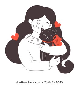 Cute happy young woman hugging a cat. Cat lover. Pet owner. Vector doodle illustration, hand drawn design