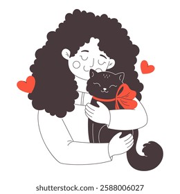 Cute happy young woman hugging a cat. Cat lover. Pet owner. Vector doodle illustration, hand drawn design