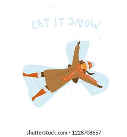 Cute Happy Young Woman Making Snow Angel, Isolated Cartoon Vector Illustration Graphic