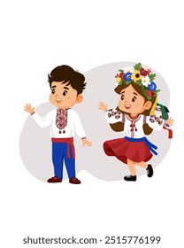 Mujer joven feliz linda y hombre, niño y niña en ropa tradicional ucraniana