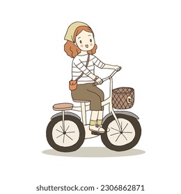 Cute happy young woman on bike. Hand drawn style vector illustration