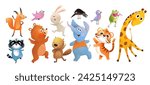 Cute happy zoo animals collection isolated clipart for children. Bear giraffe elephant bunny tiger and squirrel happy jumping characters for kids. Vector colorful cartoon illustration clipart set.