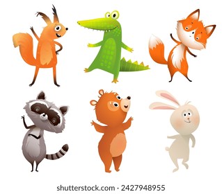 Cute happy zoo animals collection isolated clipart for children. Bear squirrel crocodile bunny fox and raccoon happy colorful animal characters for kids. Funny vector cartoon illustration clipart set.