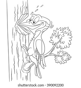 cute and hardworking cartoon forest bird woodpecker, isolated on a white background