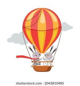 Cute Hare Animal with Fluttering Scarf Flying on Hot Air Balloon Vector Illustration