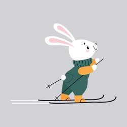 Cute Hare Animal Wearing Warm Clothes Skiing Enjoying Winter Season Vector Illustration